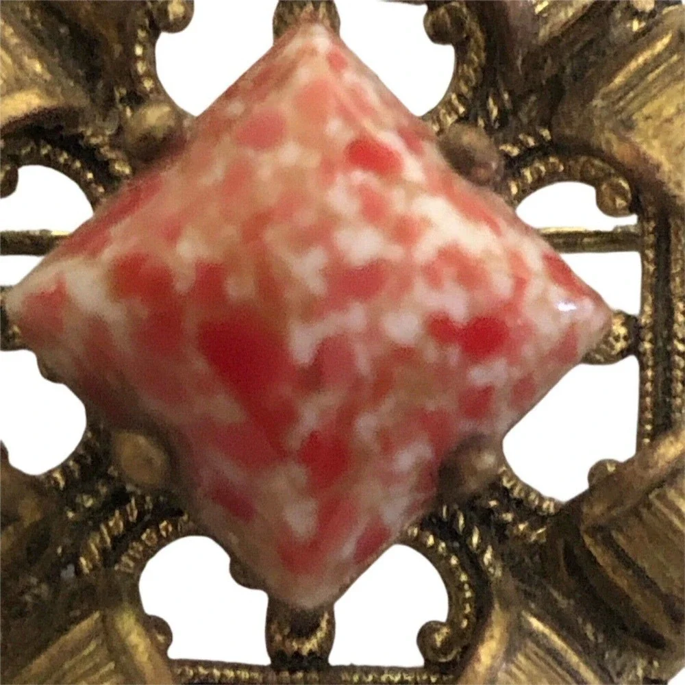 Art Deco Coral Matrix Glass Cabochon Pin Brooch Diamond Shape